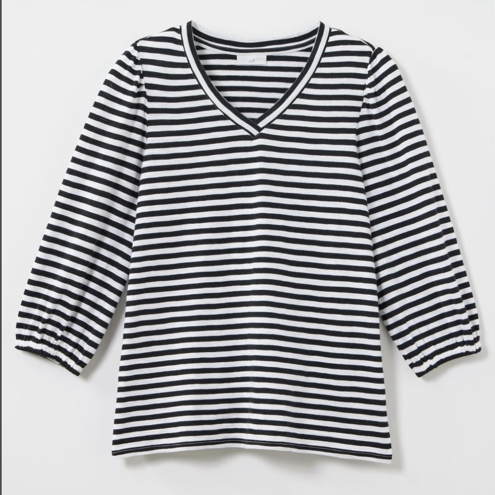 J. Jill V-Neck Elastic Puff Sleeve Top 2X Striped Black White Coastal Preppy